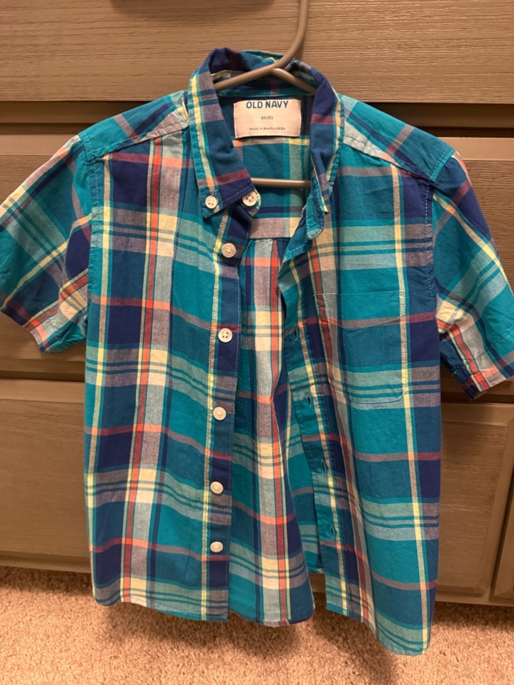 Old Navy Teal & Navy Plaid Short Sleeve Button-Up Shirt